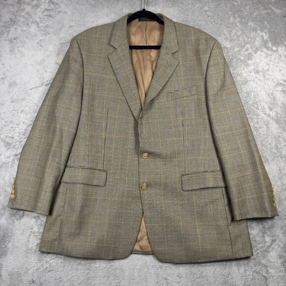Lauren Ralph Lauren Houndstooth Plaid Wool Sport Coat Blazer Mens 46R Tan Preppy - Picture 1 of 12